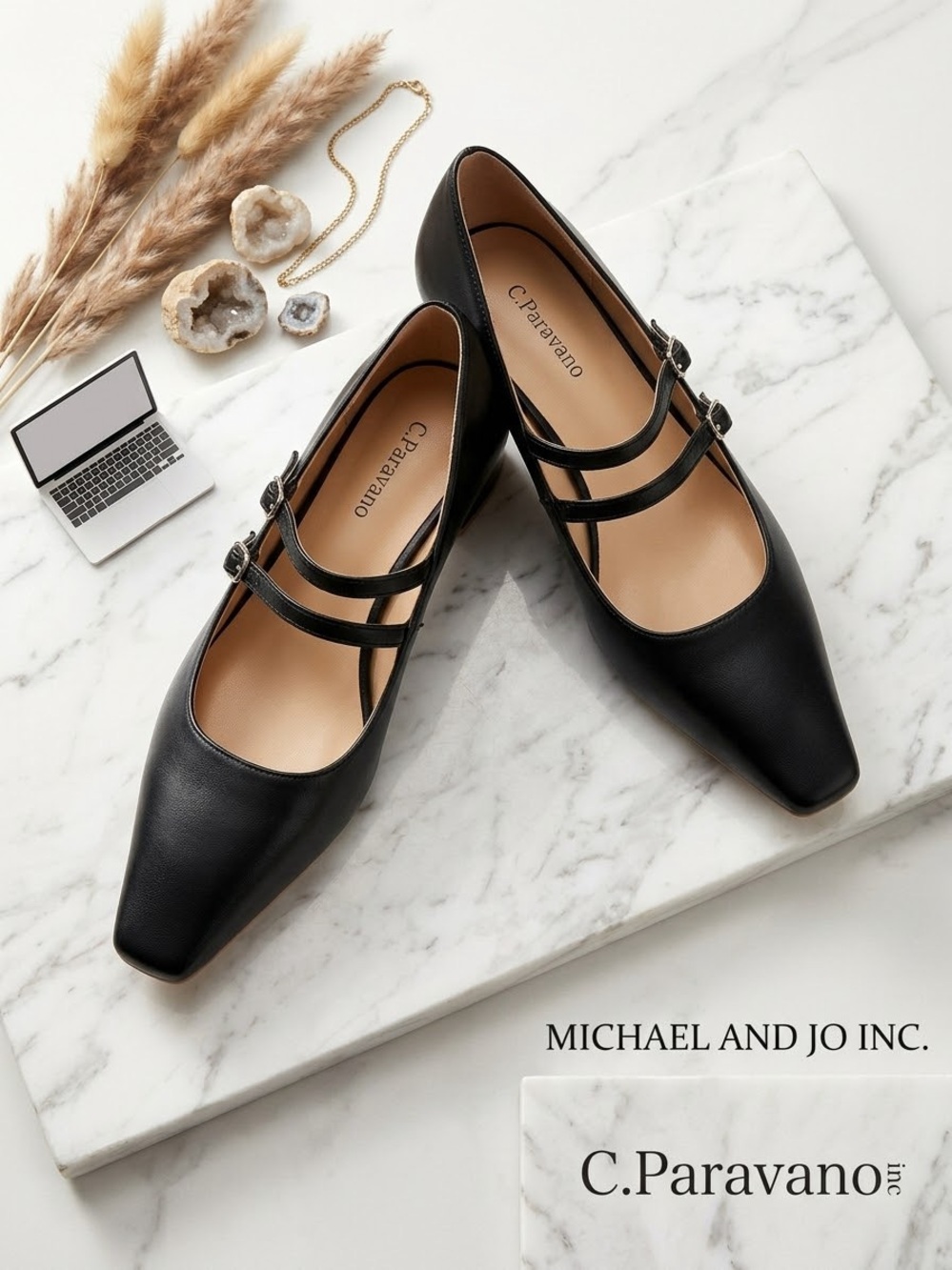 C. Paravano Black Double-Strap Square-Toe Mary Jane Flats
